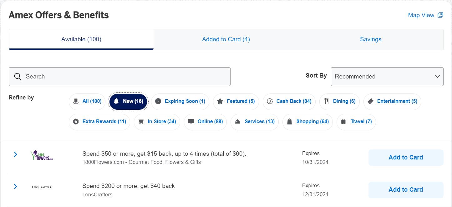 screenshot of the american express website showing Amex Offers