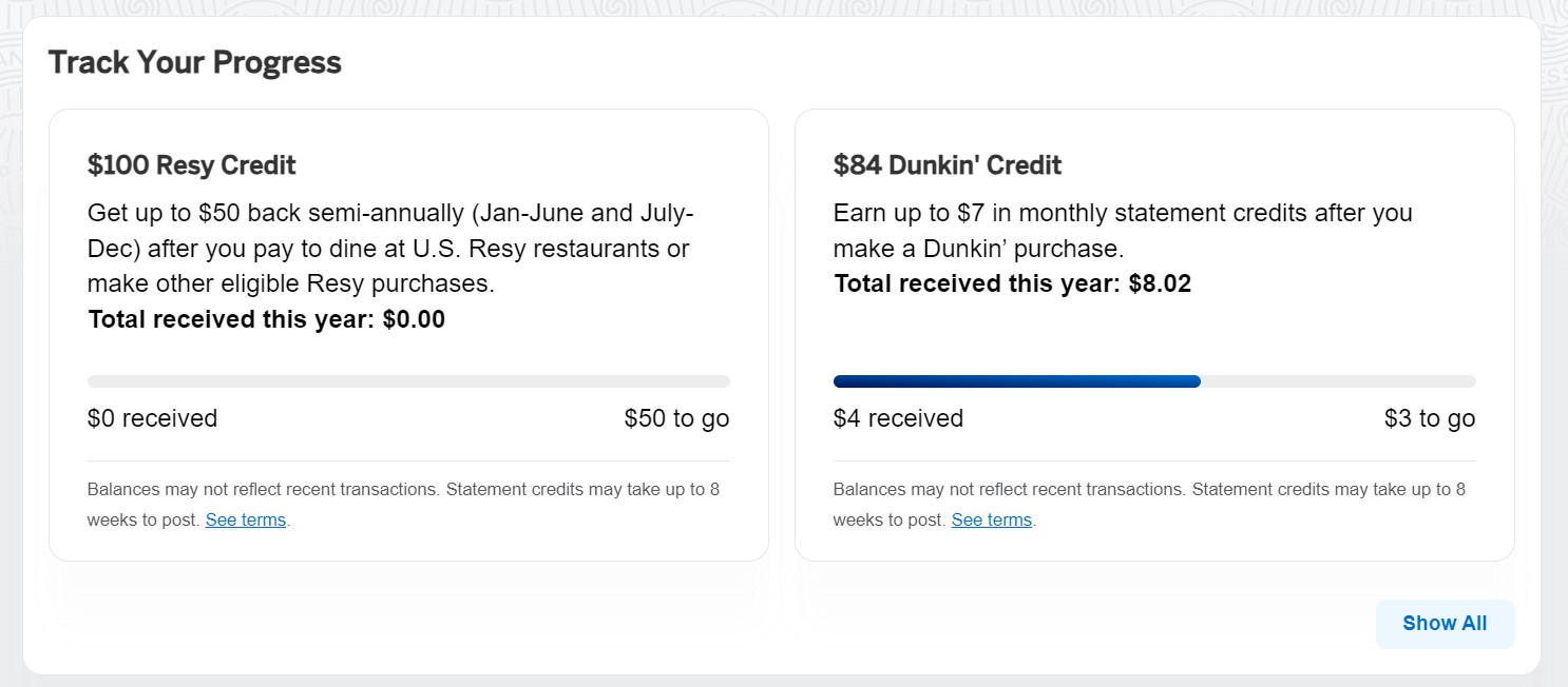 screenshot of the american express website showing how much benefit has been redeemed for the Resy and Dunkin credits offered with the amex gold card