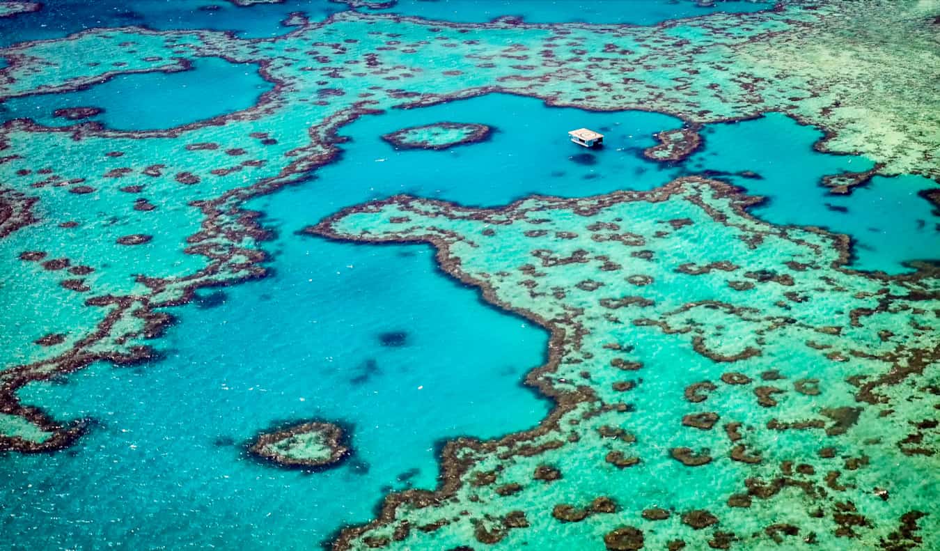 The famous Great Barrier Reef in Australia as seen from above, sprawling into the distance