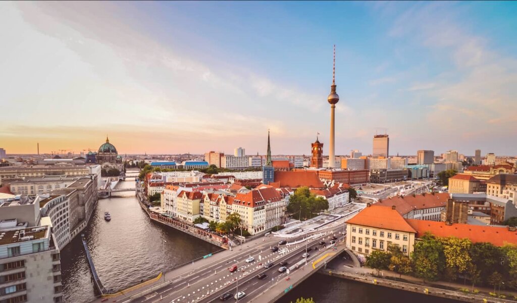 Berlin TV tower set against the cityscape in beautiful downtown Berlin, Germany