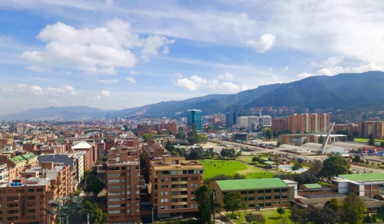 skyline of Bogota, Colombia, with the city in the foreground and mountains in the background