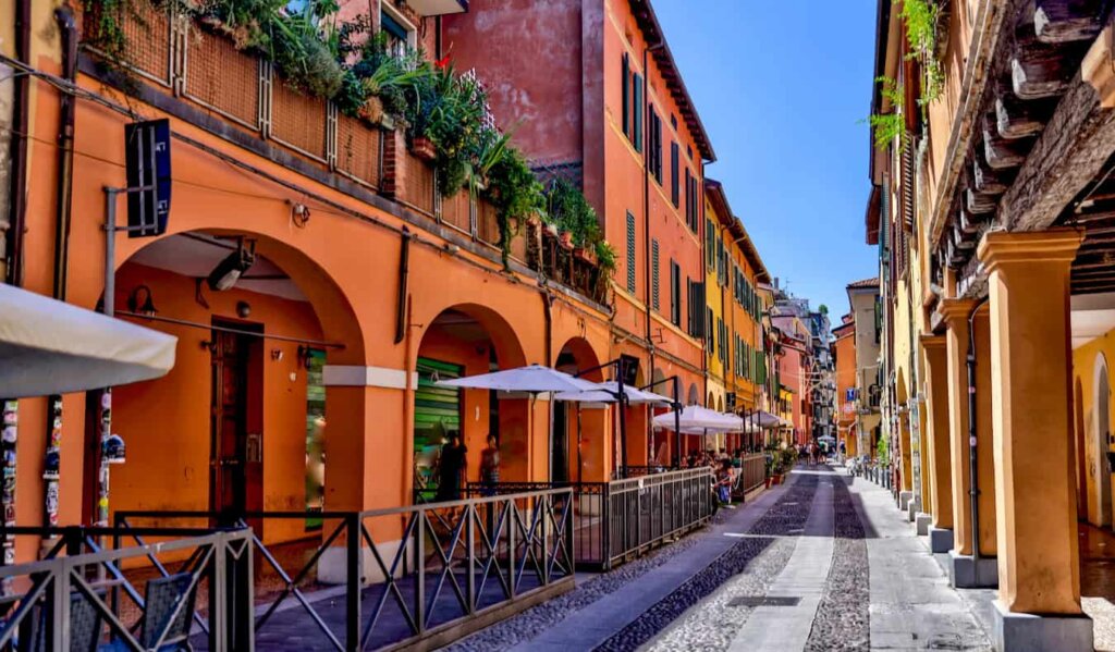 A quiet street in sunny Bologna, Italy while taking a walking tour