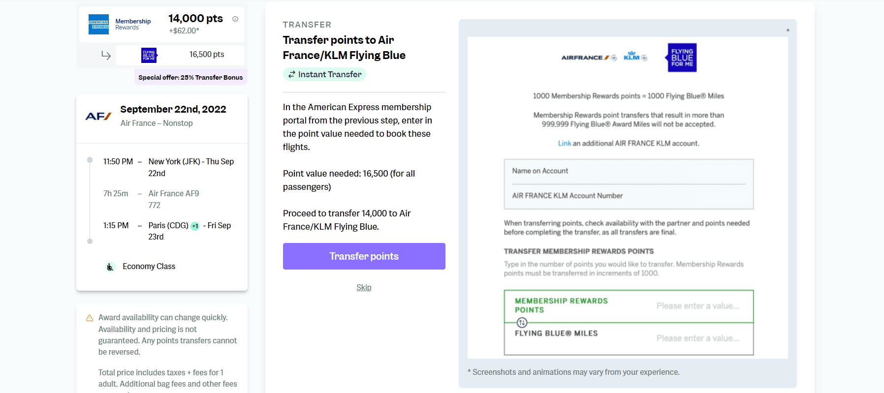 Screenshot on point.me showing flight details and how to transfer American Express Membership points to Flying Blue