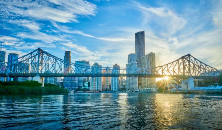 A sunny day with blue skies over the downtown CBD of Brisbane, Australia