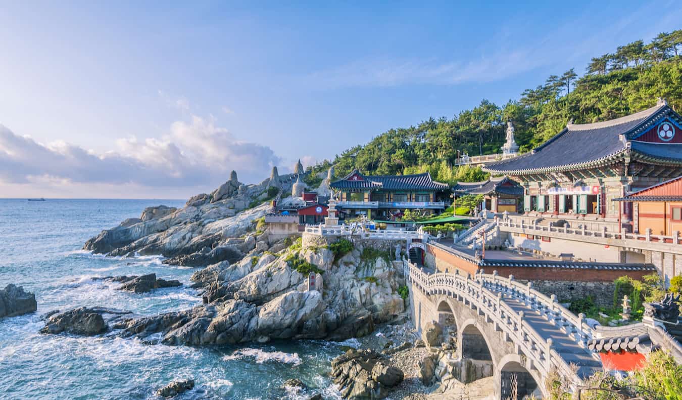 Traditional old buildings in a village along the rugged coast of beautiful South Korea