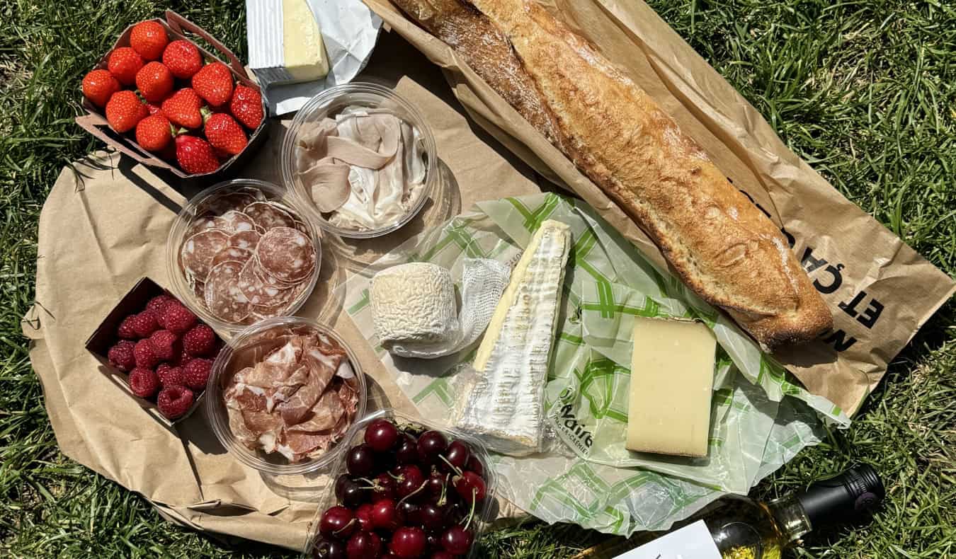 Picnic spread with cheese, baguette, and wine, in a park in Paris, France