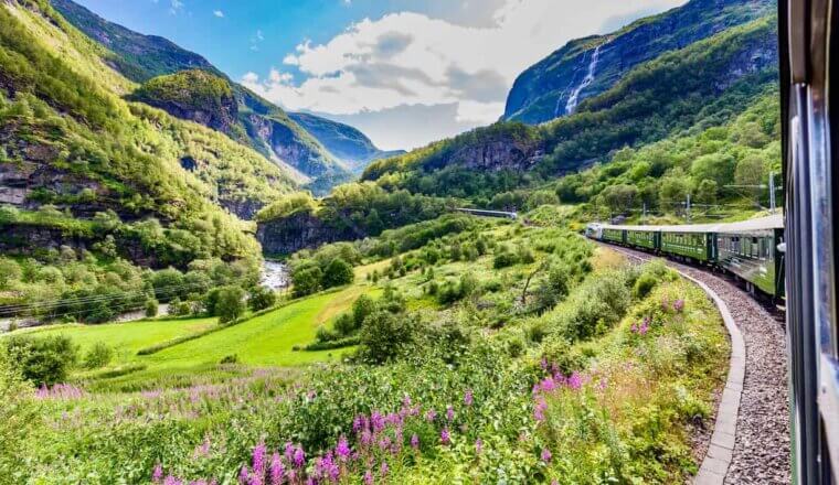 A scenic Eurail train ride through the mountains in beautiful Norway