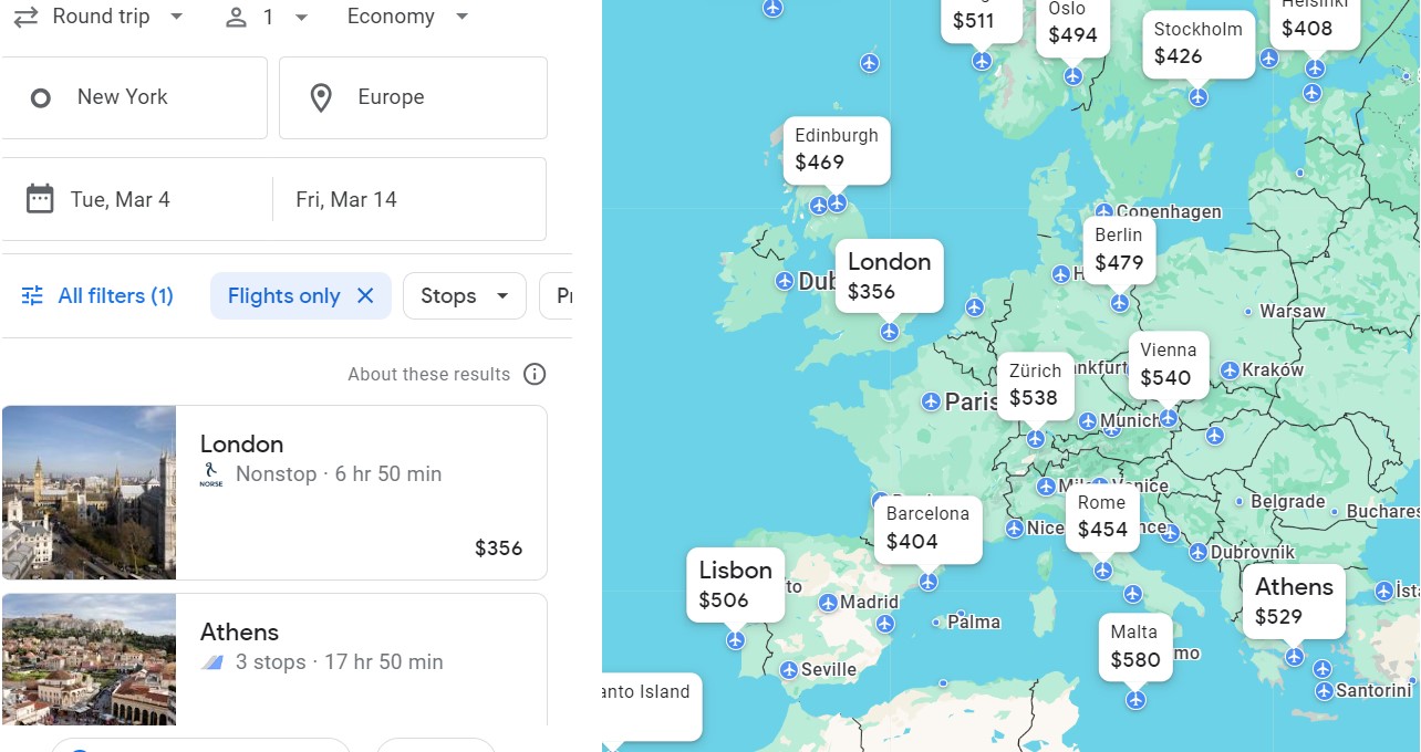 Screenshot of a flight search from Google Flights, showing map of Europe with flight prices.