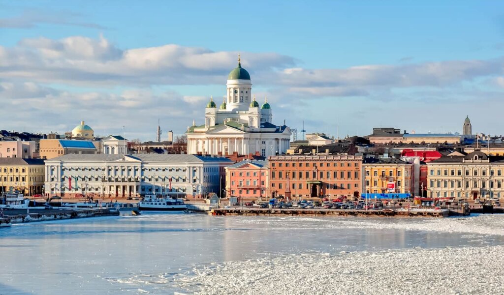 A snow day in sunny Helsinki, Finland overlooking the water