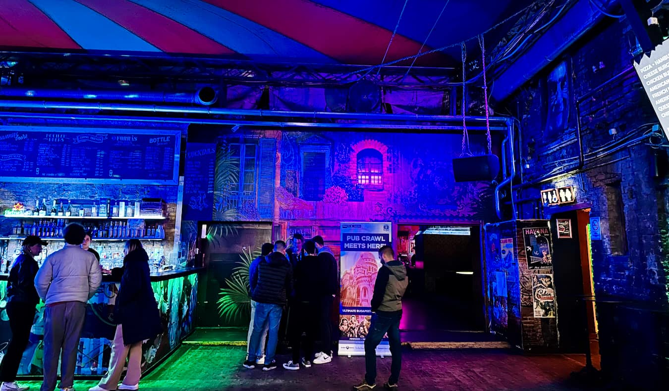 The cool lights inside the Instant club and ruin bar in Budapest, Hungary