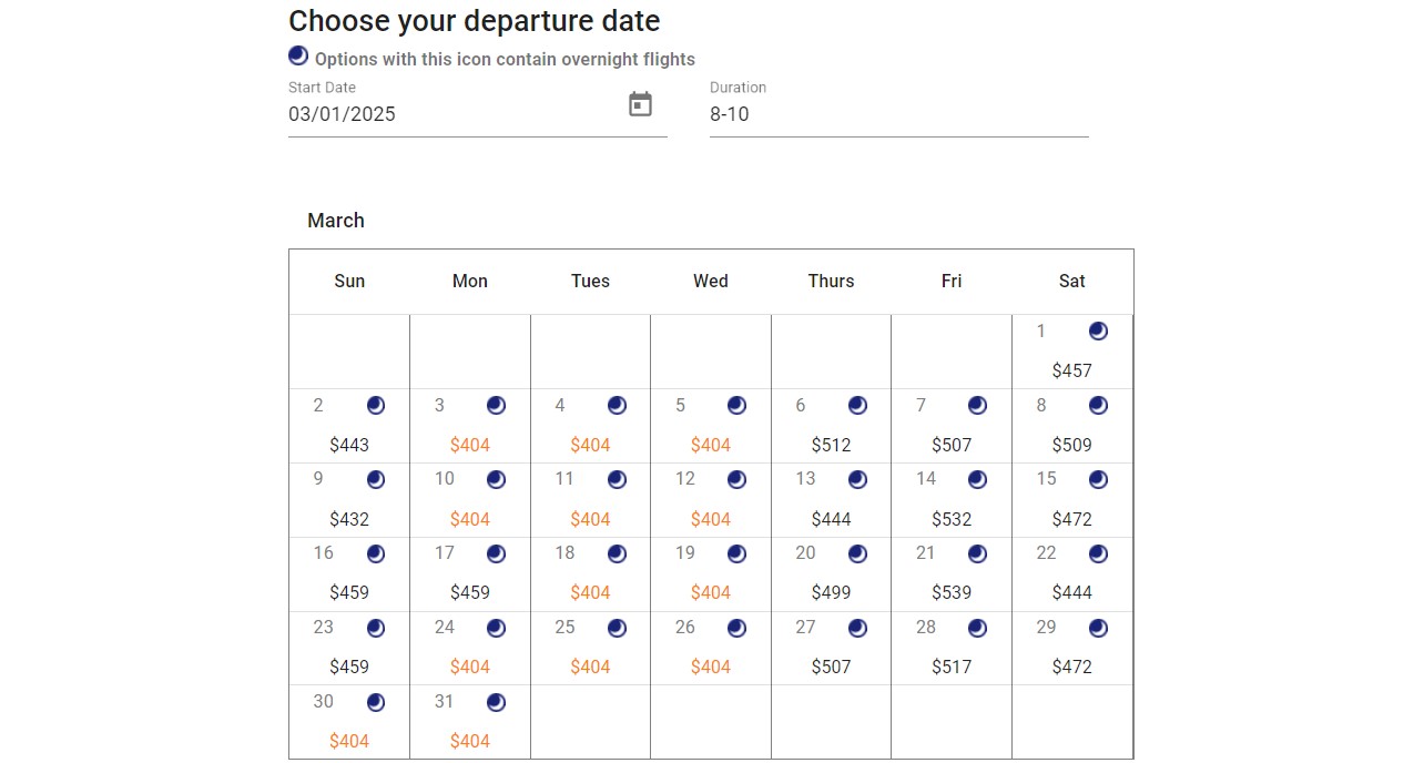 Screenshot of calendar view of flight prices from NYC to Barcelona on the ITA Matrix website.