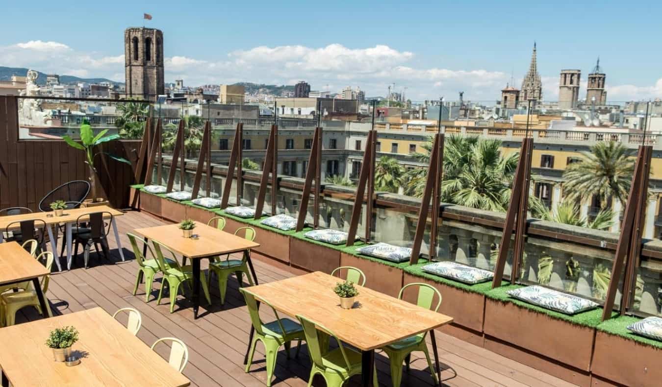 rooftop terrace with views over Barcelona, Spain at Kabul Hostel