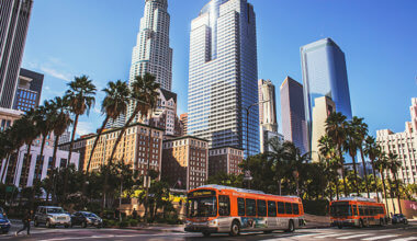 a street scene with a bus in Los Angeles