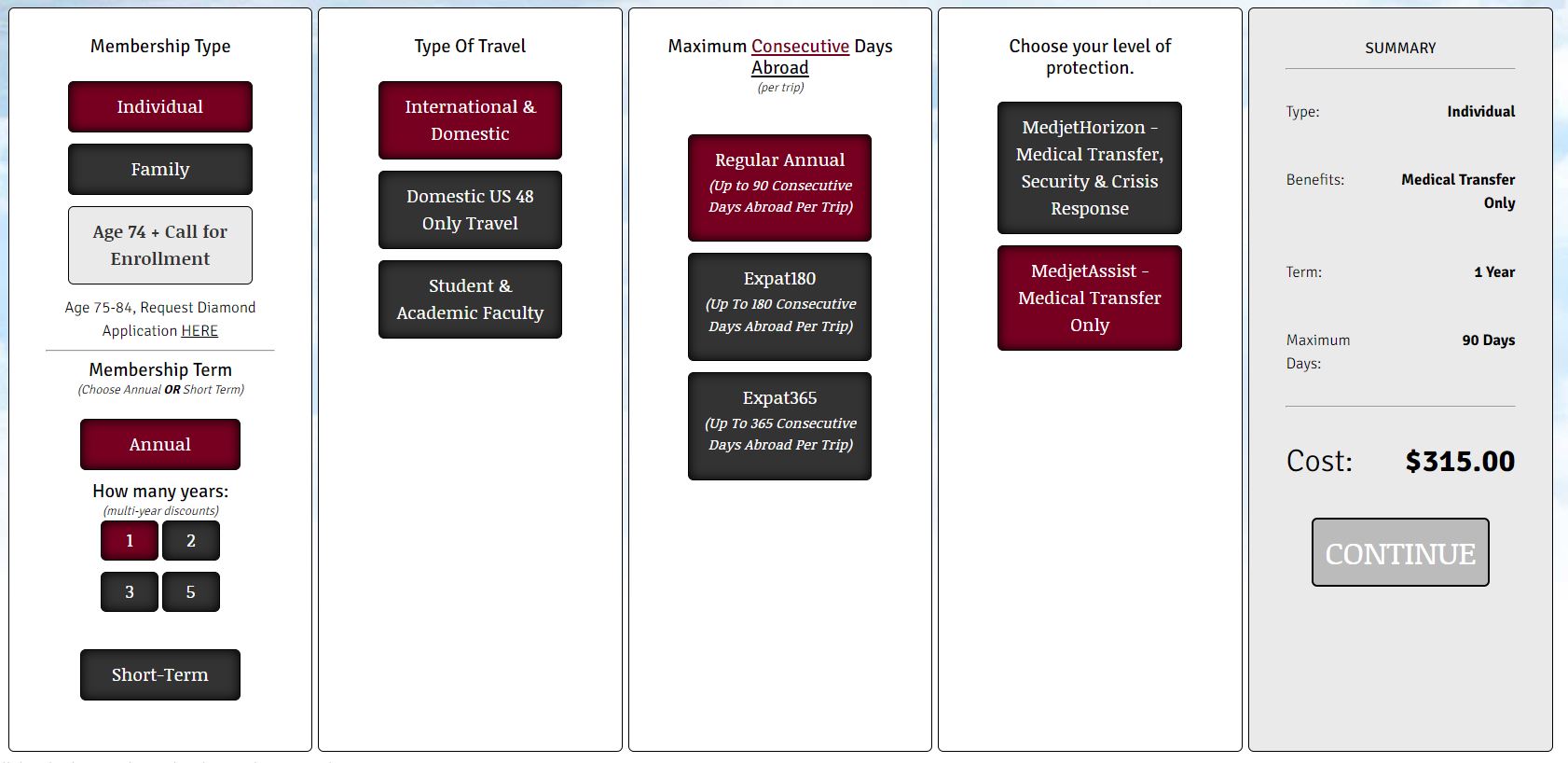 Flow chart with different options for picking a Medjet policy.