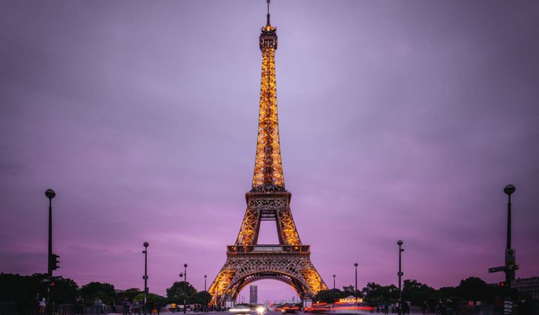 Eiffel Tower at night in Paris, France