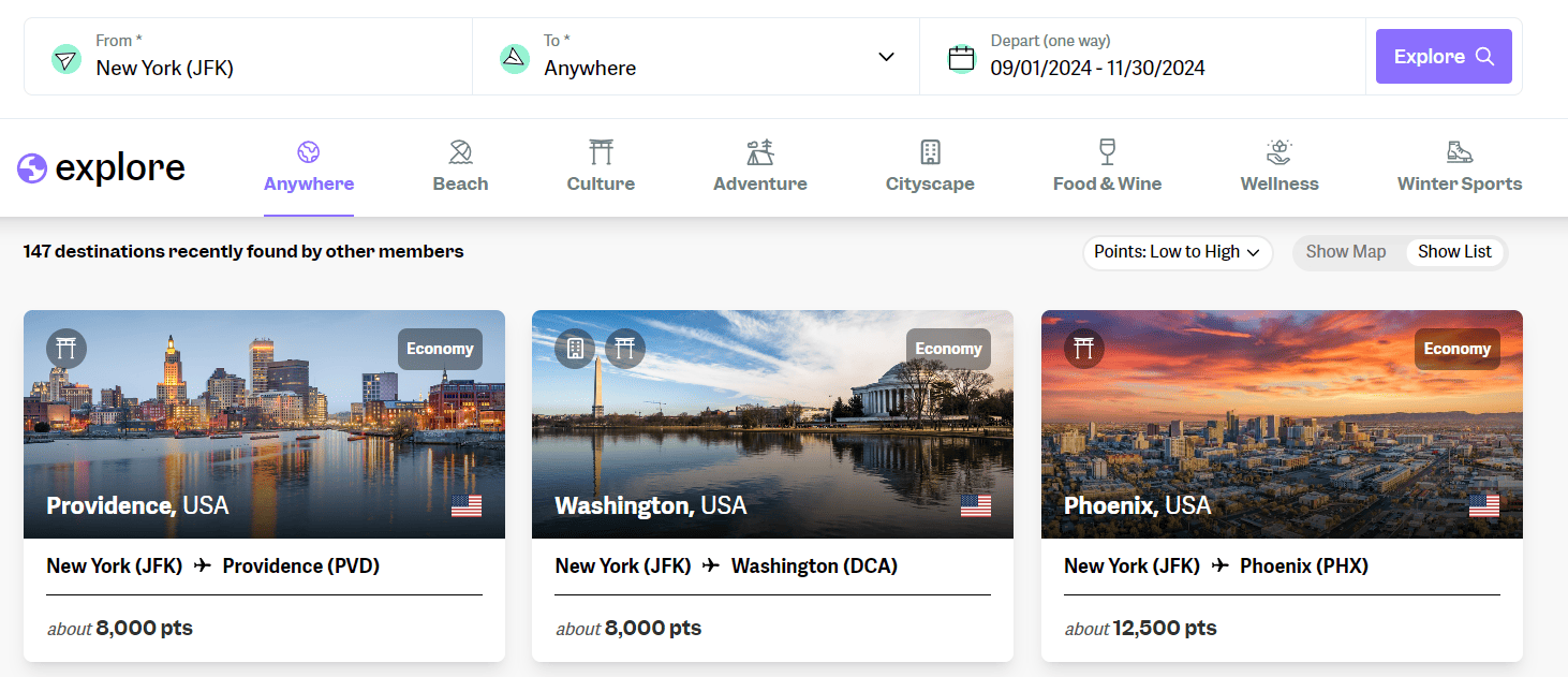 Screenshot on point.me showing a search for award flights from NYC in the Explore feature
