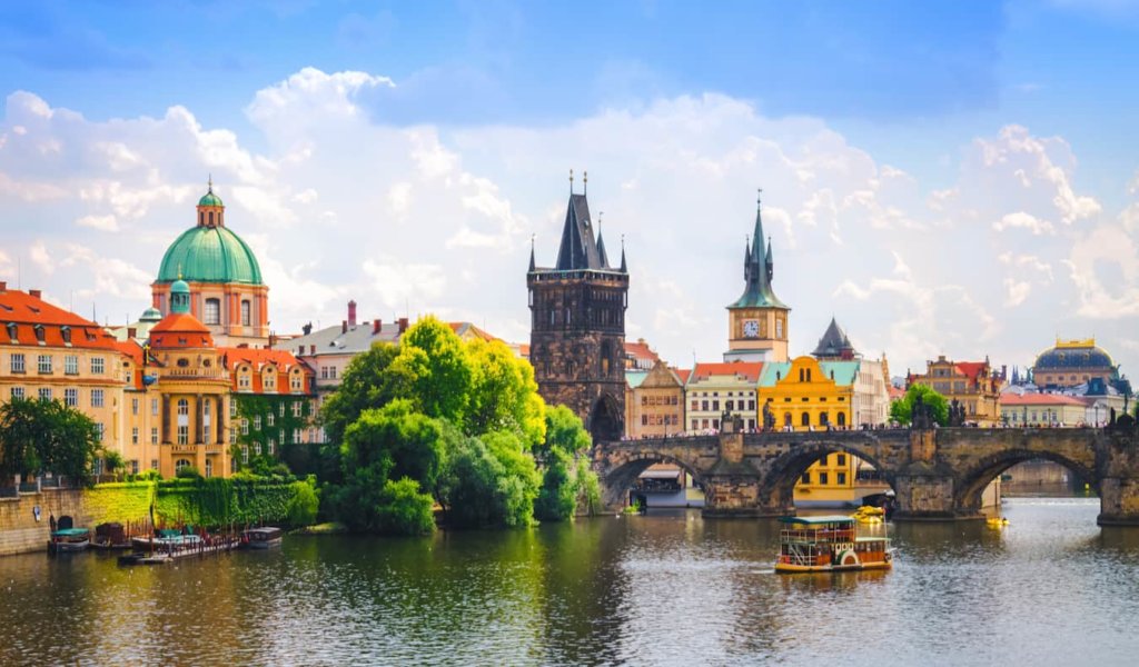 the view overlooking the Old Town in Prague, Czechia on a sunny summer day