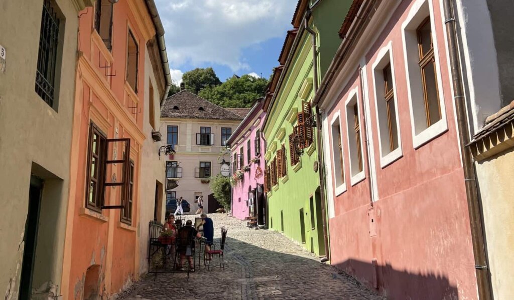 Brightly colored houses in Transylvania, Romania