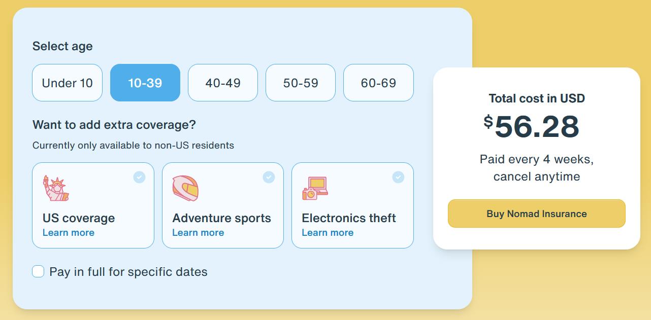 Screenshot of SafetyWing insurance coverage