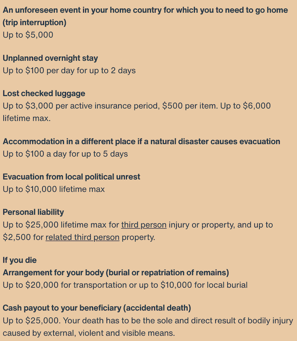 Screenshot of SafetyWing insurance coverage