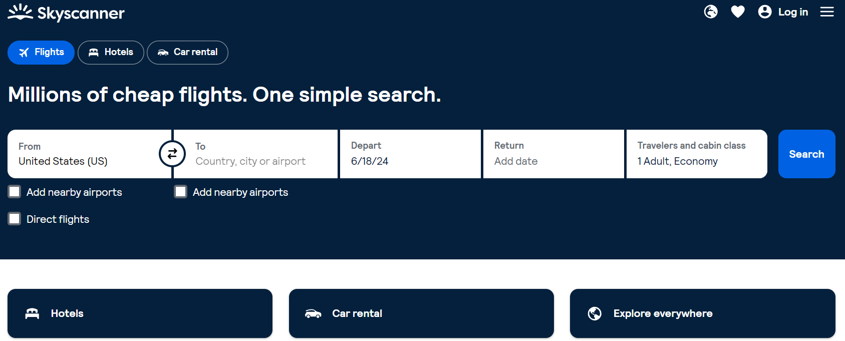 Skyscanner website homepage screenshot