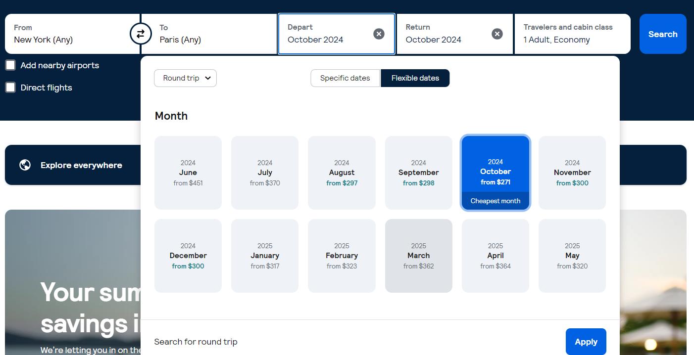 Skyscanner website calendar screenshot