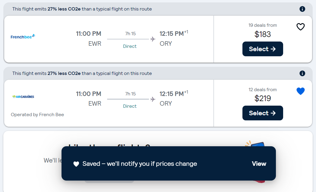 Flights found on Skyscanner with hearts next to them showing the saved feature