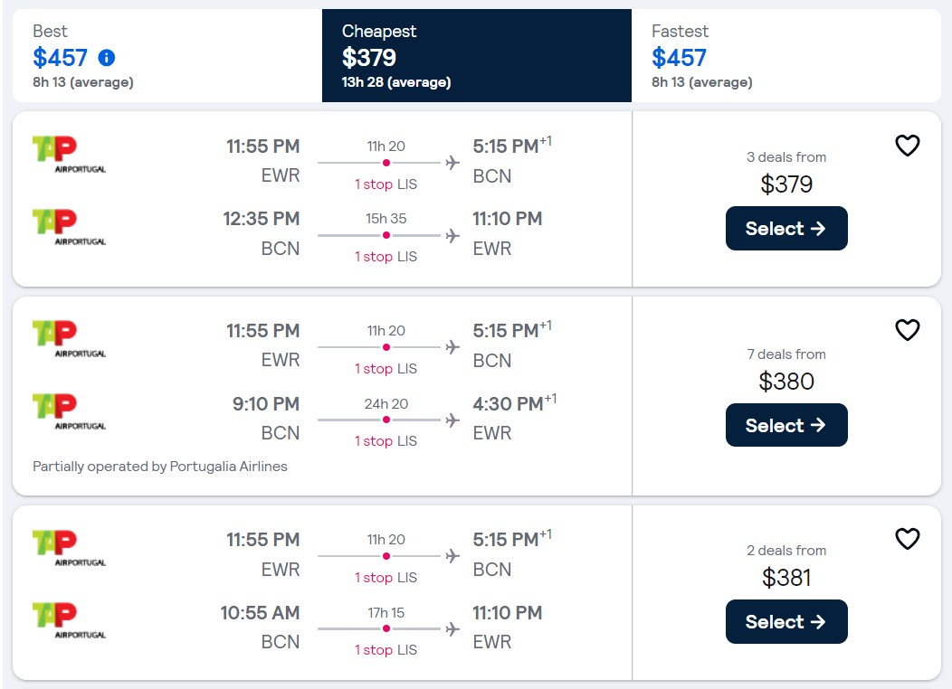 Screenshot from Skyscanner searching flights from New York to Barcelona, with results from TAP Air Portugal