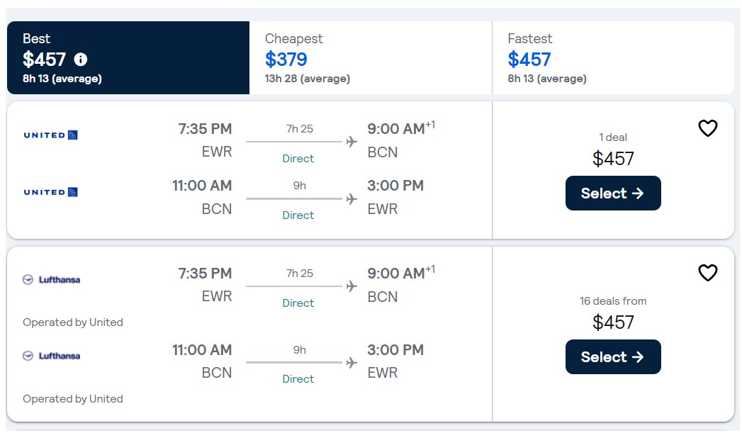 Screenshot from Skyscanner searching flights from New York to Barcelona, with results from United and Lufthansa