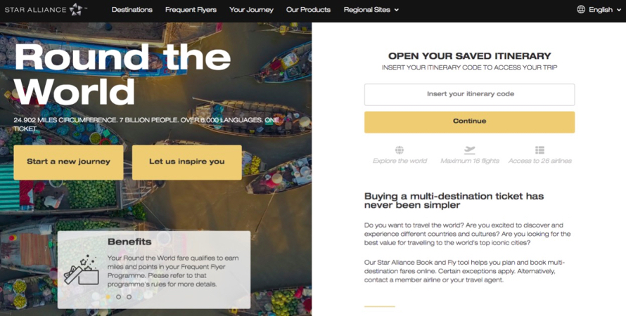 The Star Alliance RTW ticket booking homepage