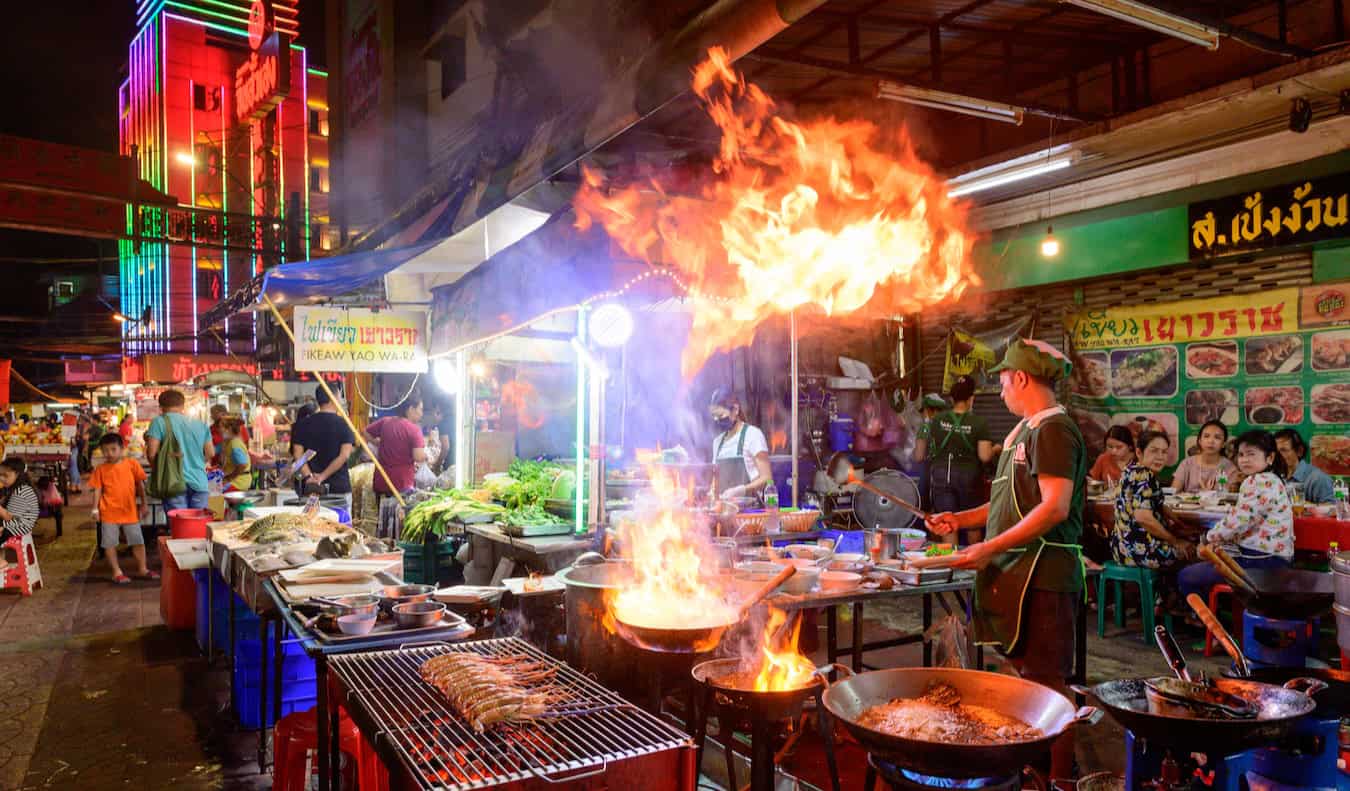 Delicious fresh Thai Food made on the street in Bangkok, Thailand at night