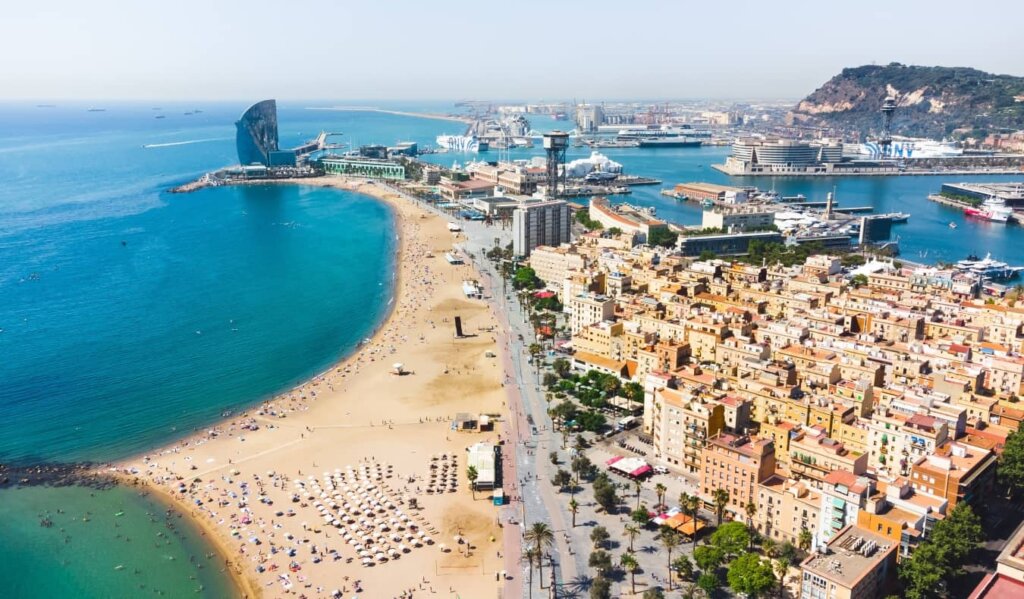 Panoramic views over the city and beaches of Barcelona, Spain