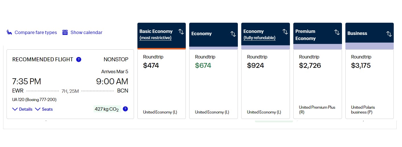 Screenshot of flights from New York to Barcelona on United